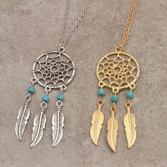 Dreamcatcher Gold Feather Turquoise Charm Necklace - Picture 4 of 5
